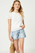 Girls Honeycomb Eyelet Contrast Sleeve Top Blouse Hayden LA- Tilden Co.