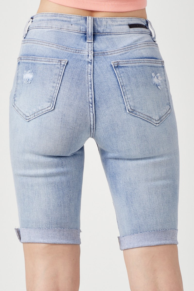 High Rise Distressed Raw Hem Bermuda Shorts    Shorts Risen Jeans- Tilden Co.