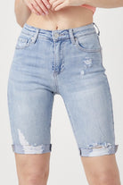 High Rise Distressed Raw Hem Bermuda Shorts    Shorts Risen Jeans- Tilden Co.