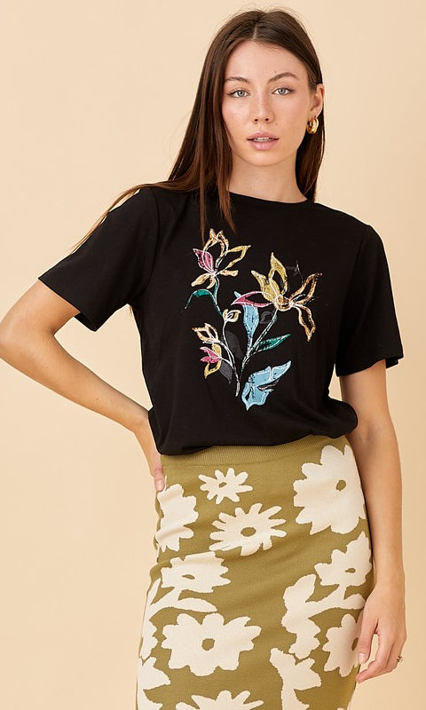 Black Floral Print Tee    shirt Polagram- Tilden Co.