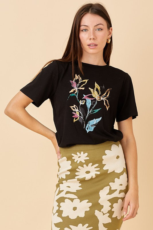 Black Floral Print Tee    Shirts & Tops Polagram- Tilden Co.
