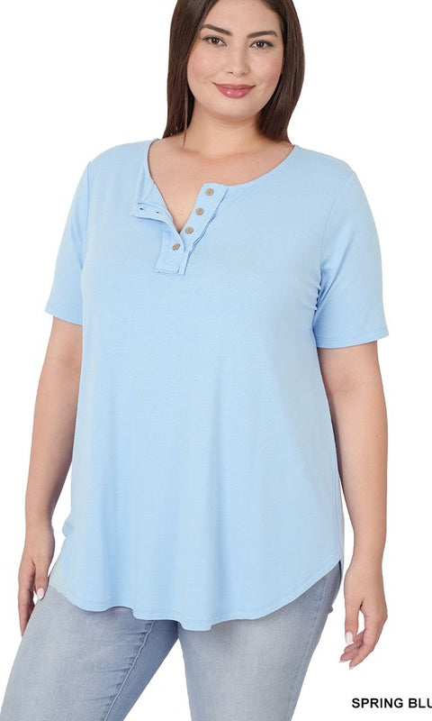 PLUS Short Sleeve Button Down Top 1X / Spring Blue 1X Spring Blue Shirts & Tops Zenana- Tilden Co.