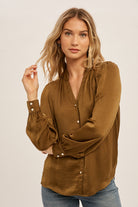 Olive Satin Pearl Button Blouse Blouse Hem & Thread- Tilden Co.