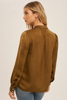 Olive Satin Pearl Button Blouse Blouse Hem & Thread- Tilden Co.