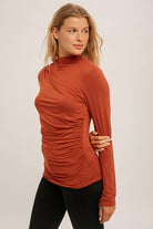 Mock Neck Ruched Long Sleeve Top    Sweater Hem & Thread- Tilden Co.