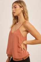 Chiffon Contrast Rhinestudded Cami Top    Sweater Hem & Thread- Tilden Co.