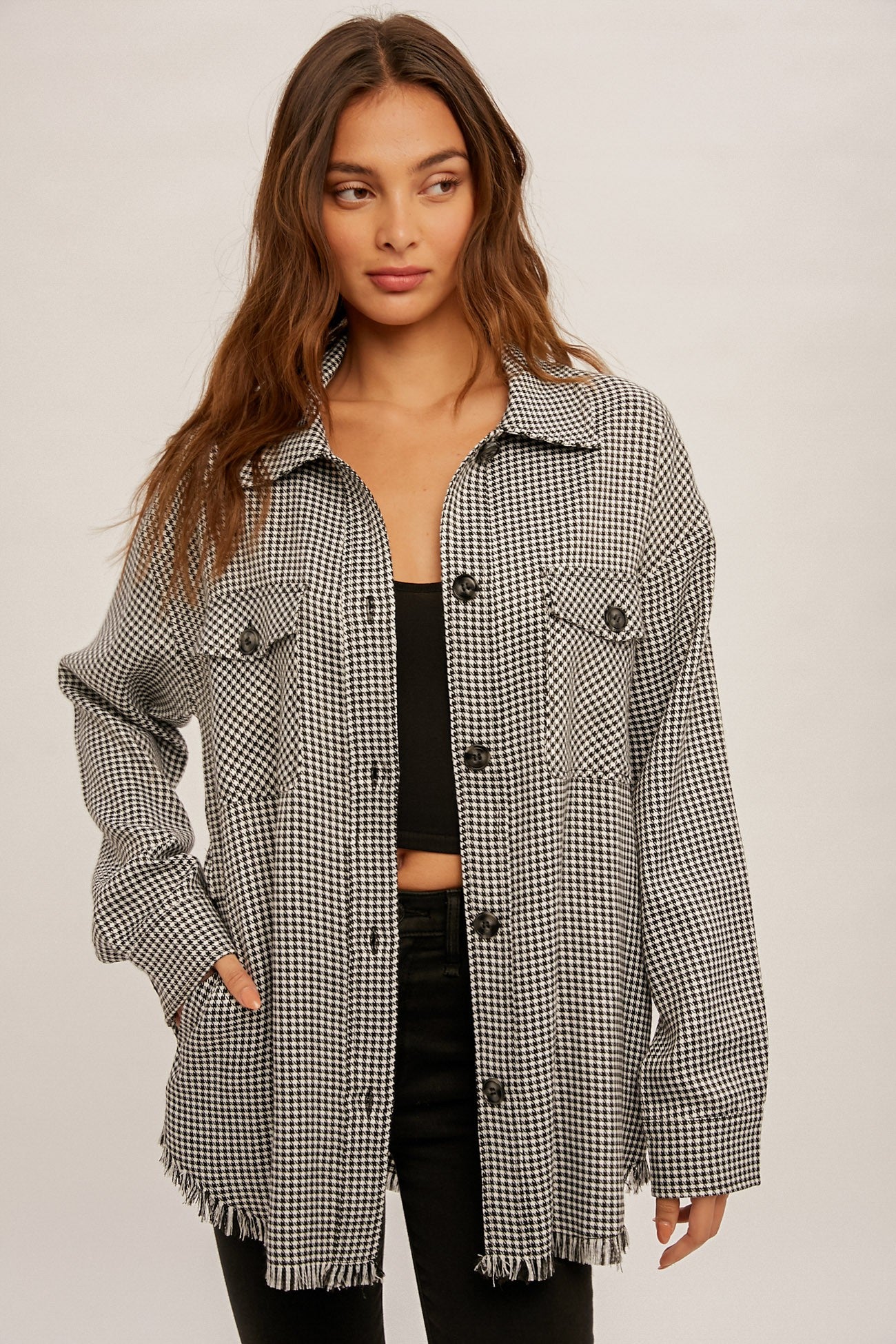 Mini Checkered Fringe Hem Button Down Shirt Jacket    Sweater Hem & Thread- Tilden Co.