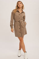 Corduroy Belted Stud Detail Shirt Dress    Sweater Hem & Thread- Tilden Co.