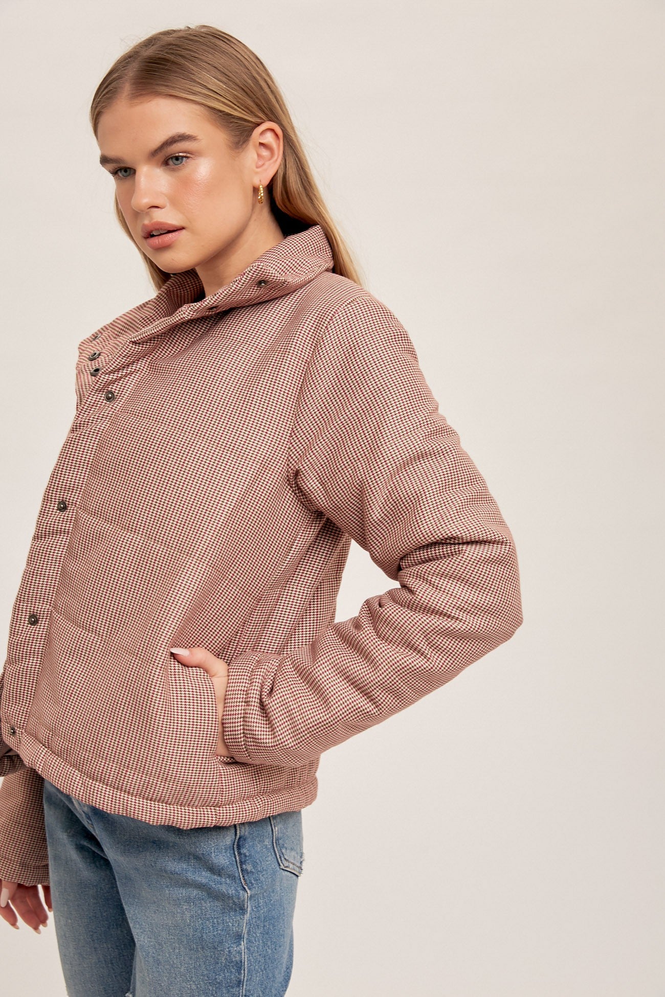 Mini Check Puffer Short Jacket in Mauve    Coat Hem & Thread- Tilden Co.