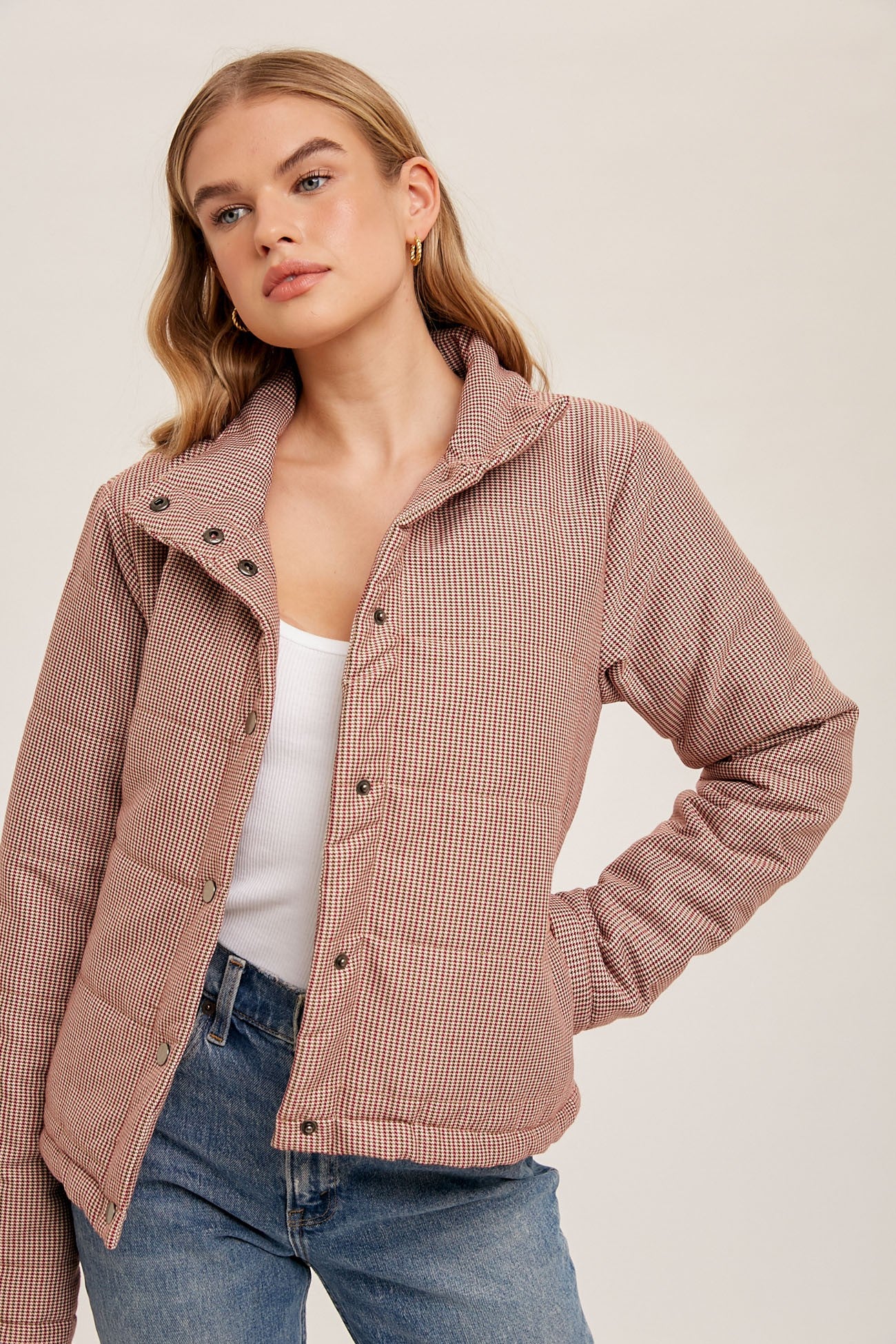 Mini Check Puffer Short Jacket in Mauve    Coat Hem & Thread- Tilden Co.