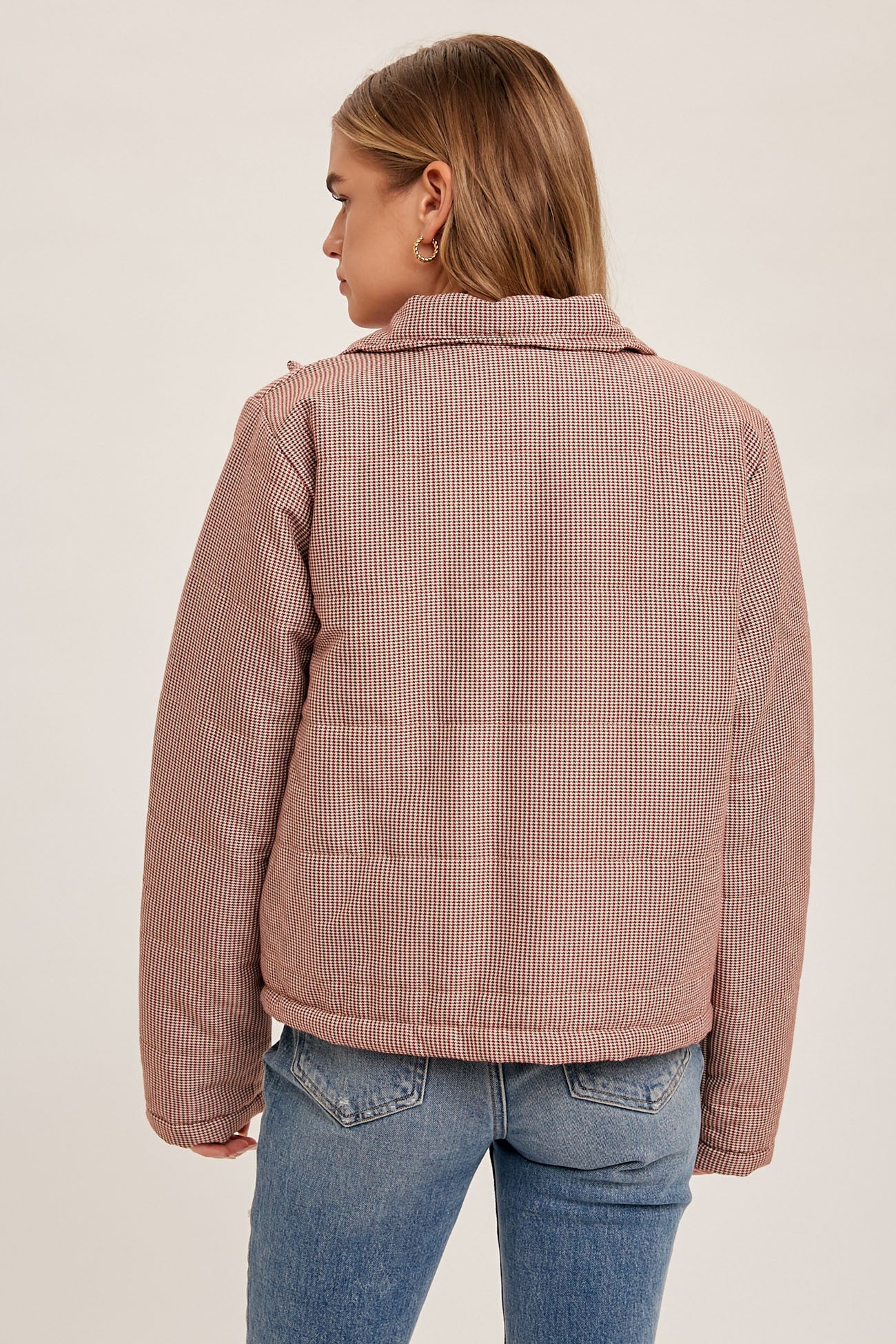 Mini Check Puffer Short Jacket in Mauve    Coat Hem & Thread- Tilden Co.