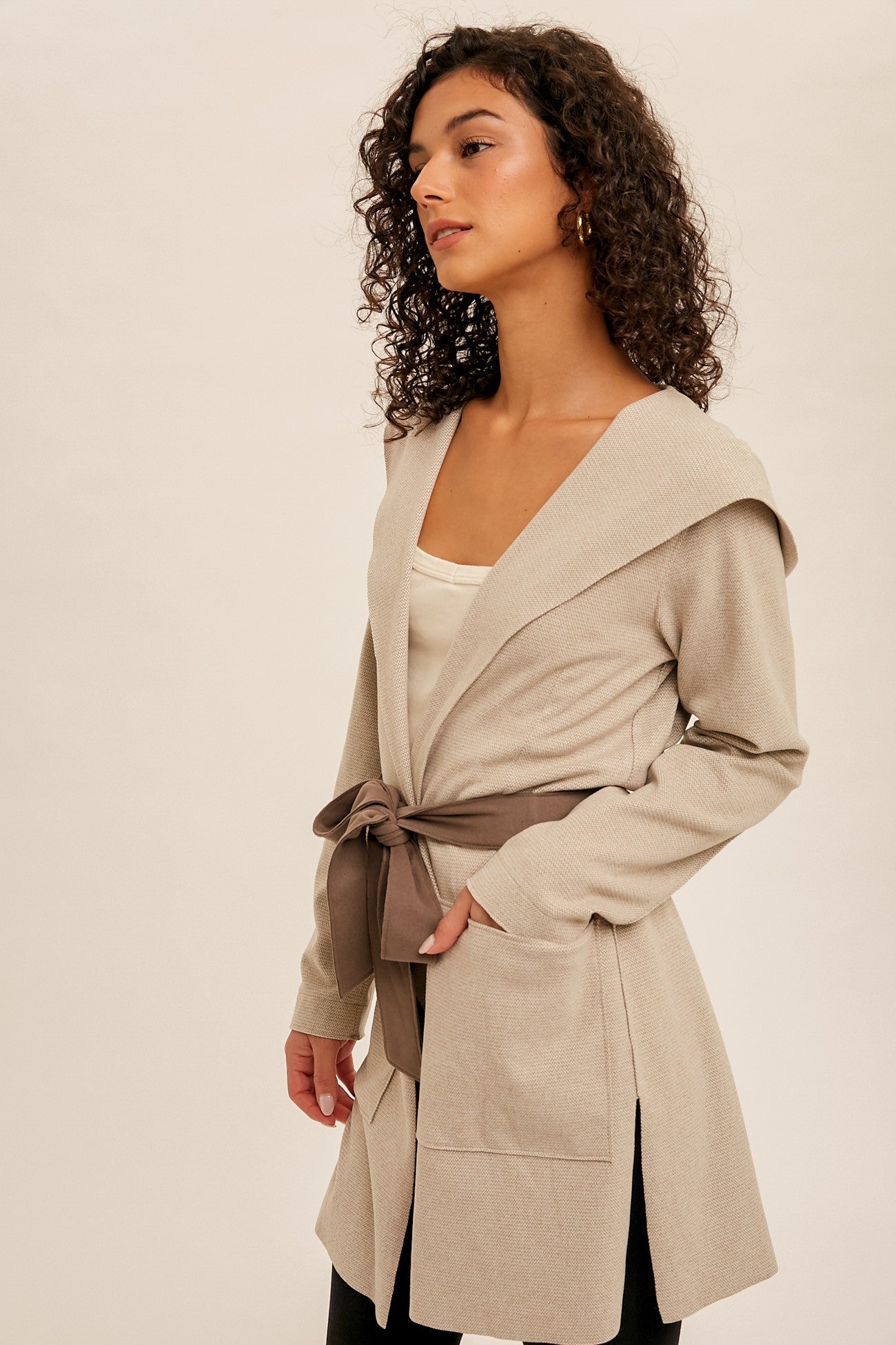 Fleece Belted Lightweight Coat Cardigan Hem & Thread- Tilden Co.