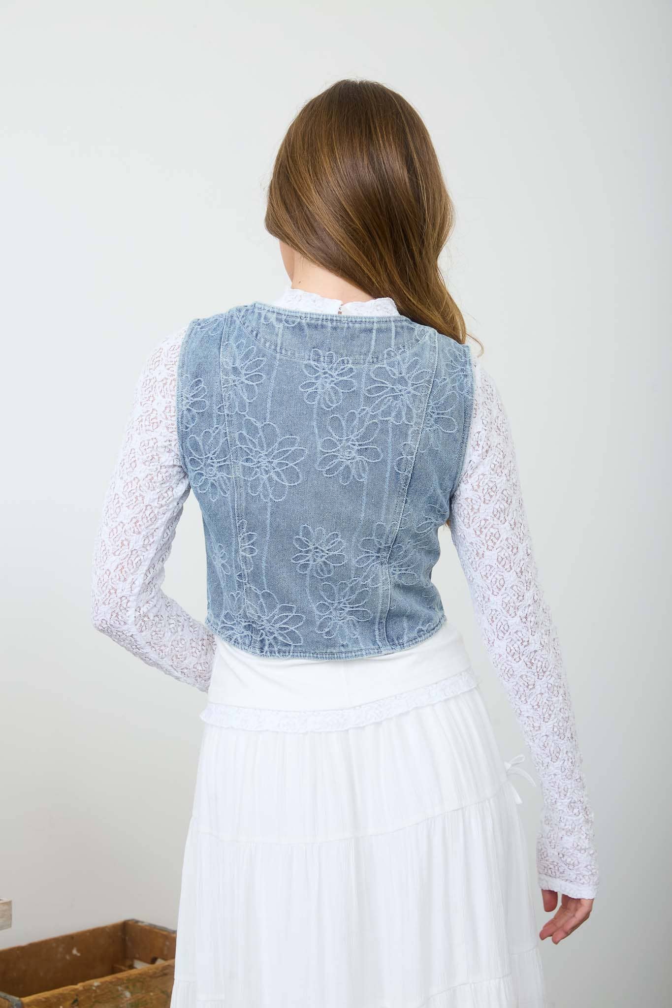 Floral Tie Denim Vest vest Blu Pepper- Tilden Co.