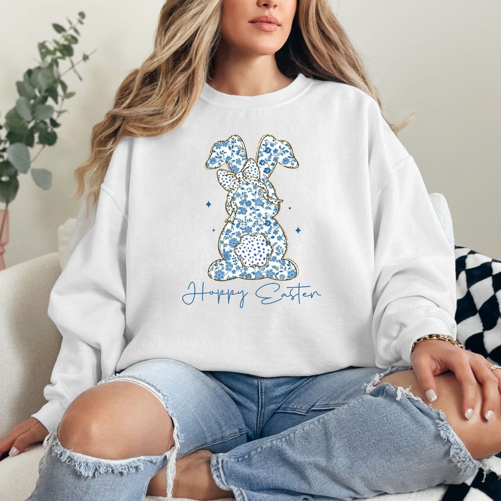 Blue Floral Bunny Graphic Sweatshirt Womens Ave Shops- Tilden Co.