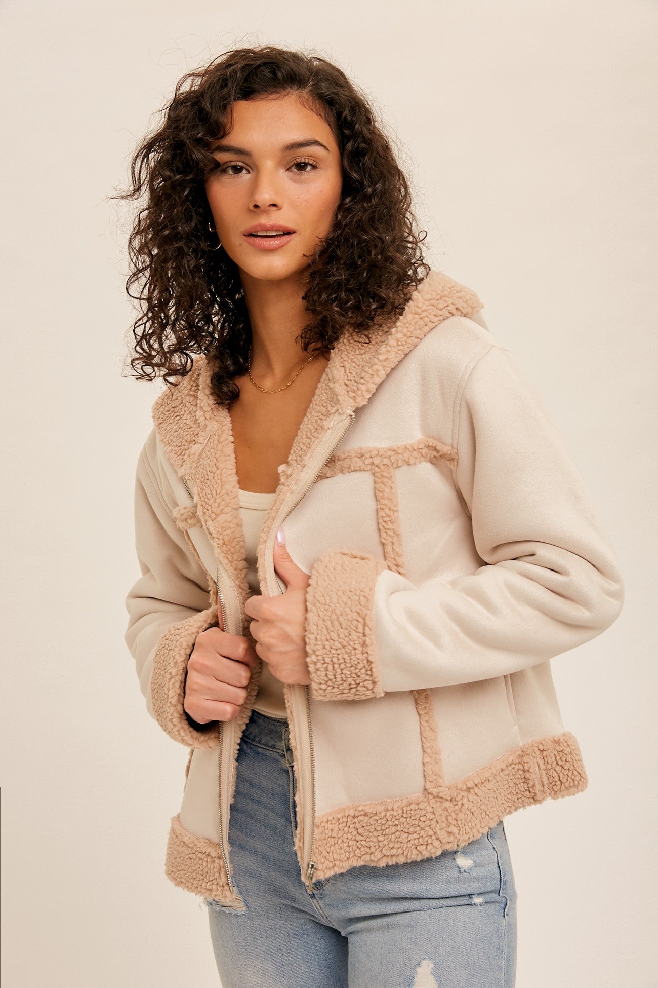 Faux Fur Lined Suede Crop Hoodie Coat    Coat Hem & Thread- Tilden Co.