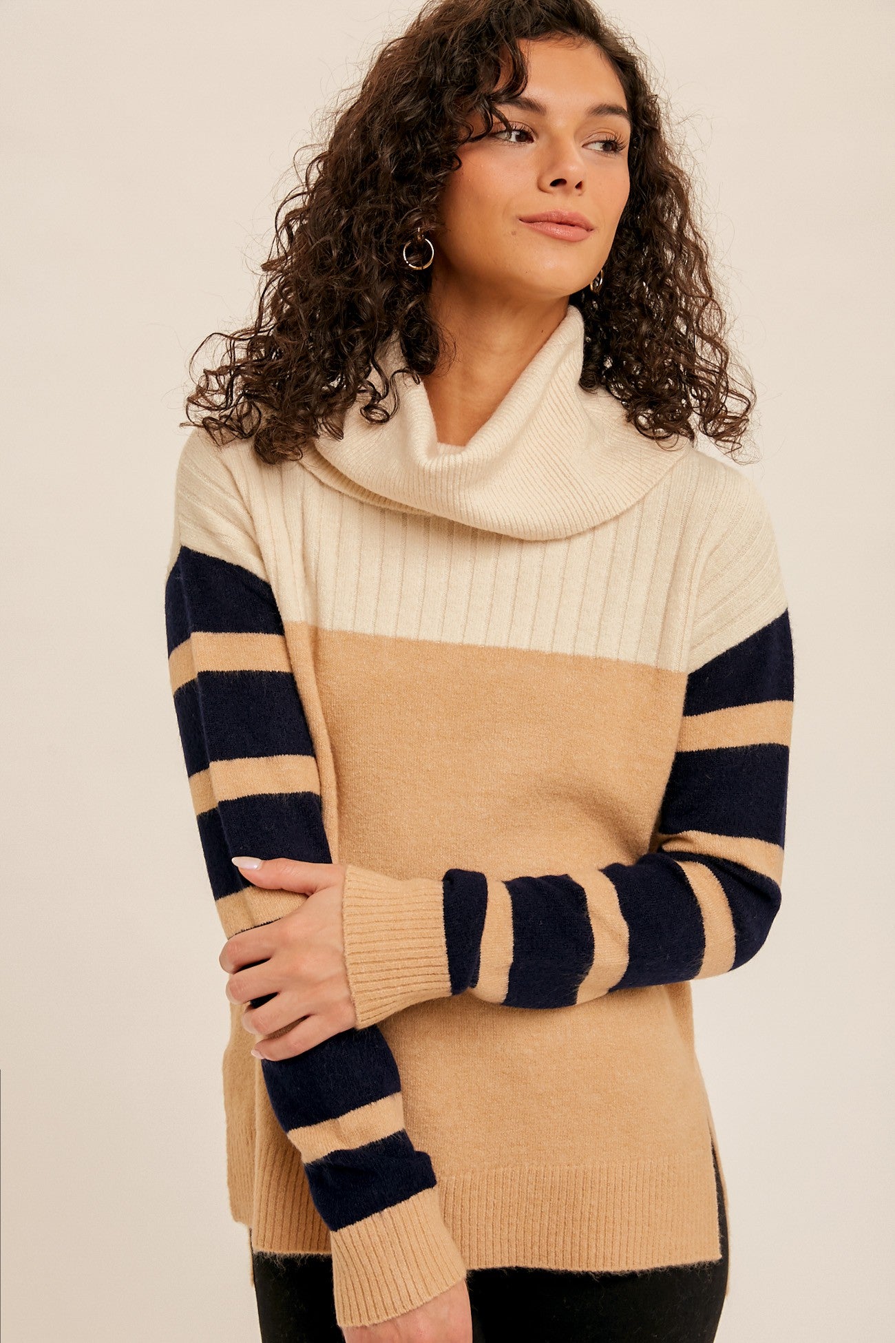 Funnel Neck Stripe Sleeve Contrast Tunic Sweater    Sweater Hem & Thread- Tilden Co.