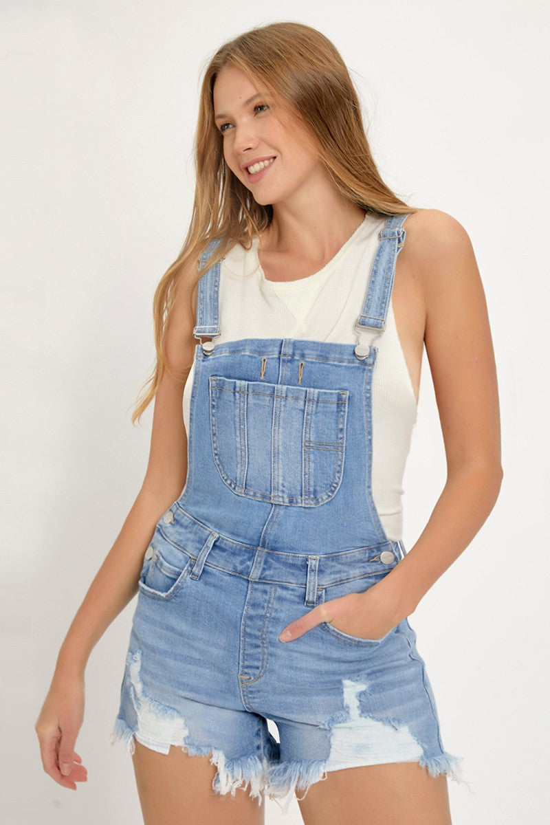 Wanderlight Distressed Shortalls in Denim Shortalls Risen Jeans- Tilden Co.
