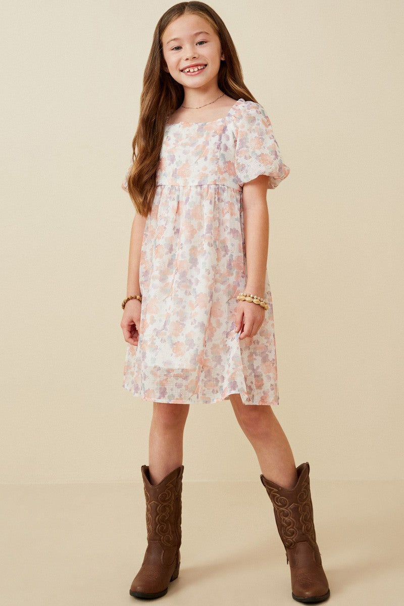 Girls Watercolor Print Smocked Back Trumpet Dress Dress Hayden LA- Tilden Co.