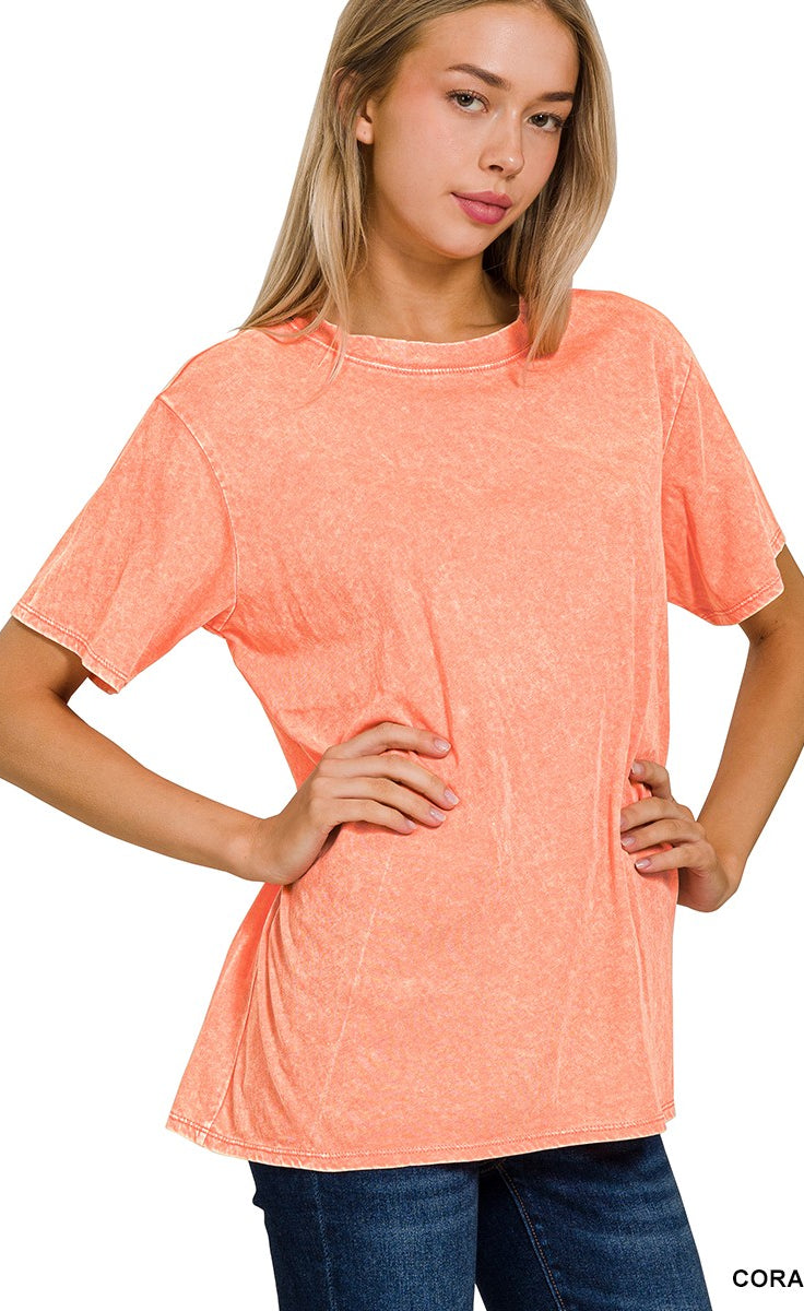 Acid Washed Short Sleeve Top Coral / Small Coral Small Shirts & Tops Zenana- Tilden Co.