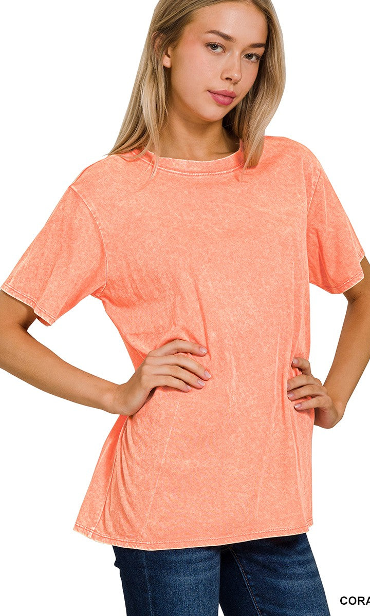 Acid Washed Short Sleeve Top Coral / Small Coral Small Shirts & Tops Zenana- Tilden Co.
