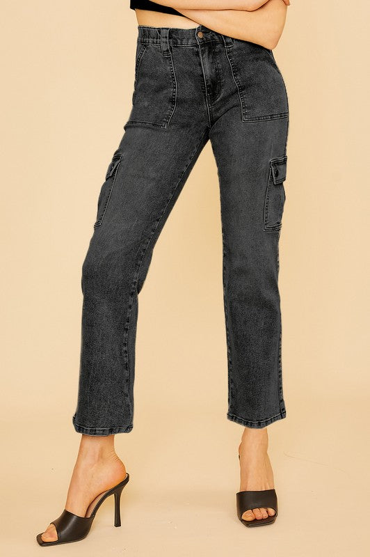 Lyocell High Rise Cargo Jeans Black / Small Black Small Jeans AnnieWear- Tilden Co.