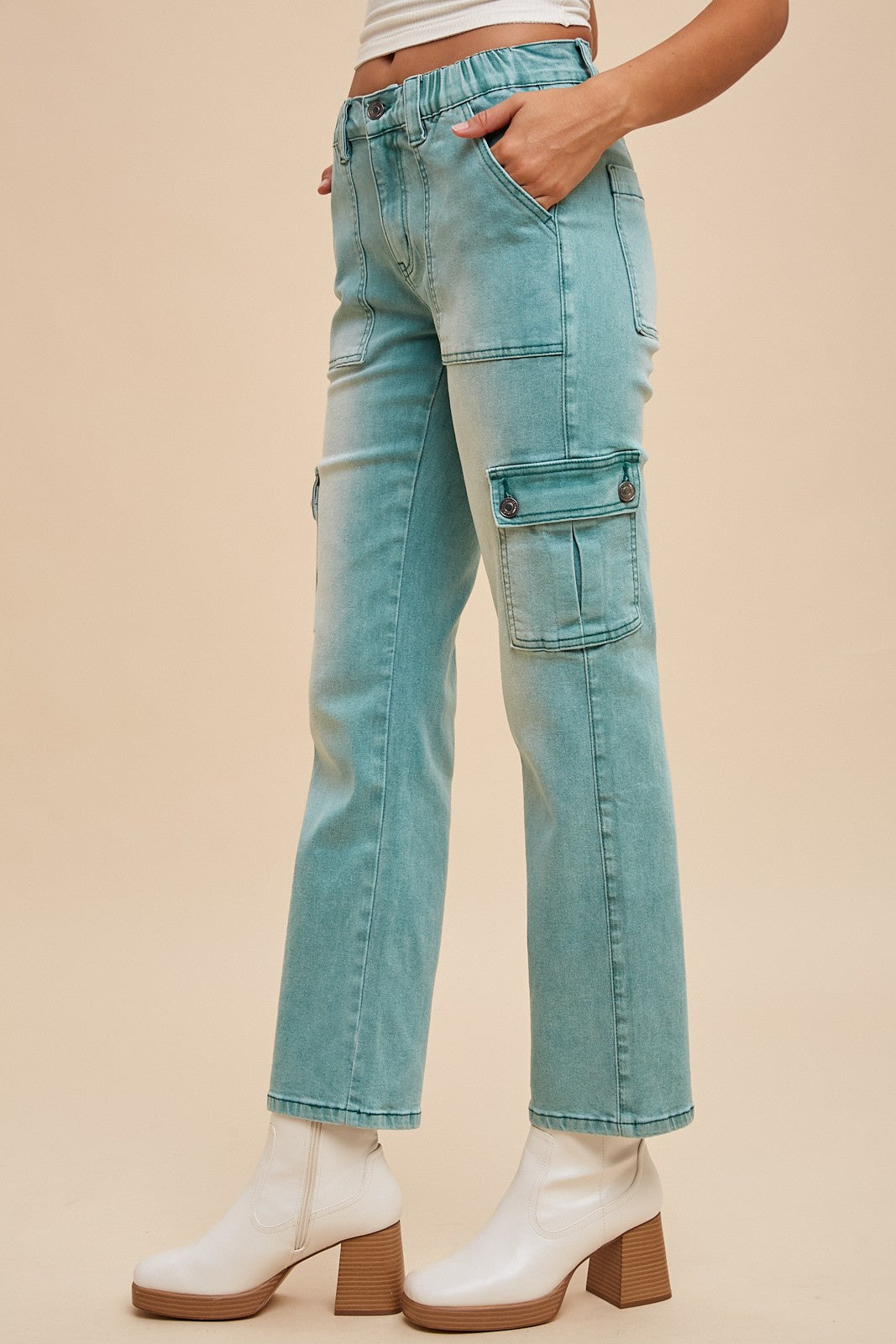 Lyocell High Rise Cargo Jeans Emerald / Small Emerald Small Jeans AnnieWear- Tilden Co.