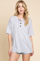 Lt Grey Top with Henley Button Placket    Henley Top BomBom- Tilden Co.