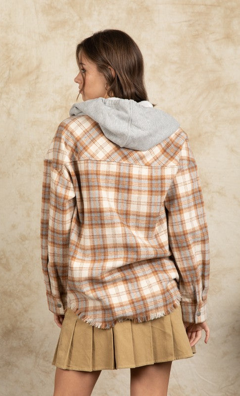 Frayed Hem Hooded Oversized Plaid Shacket Jacket - Final Sale    shacket Very J- Tilden Co.