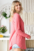 Two-Toned Long Sleeve Round Hem Basic Top - Red    Shirts & Tops First Love- Tilden Co.