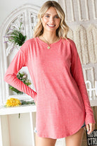 Two-Toned Long Sleeve Round Hem Basic Top - Red    Shirts & Tops First Love- Tilden Co.