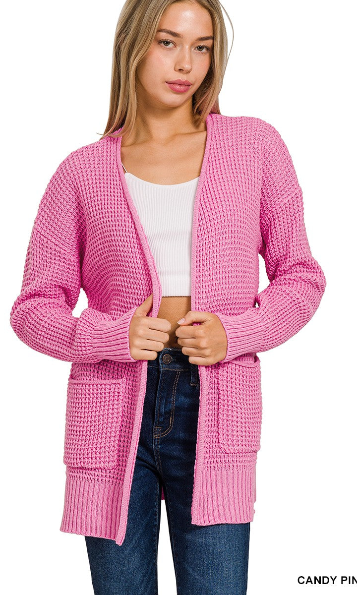 Waffle Open Cardigan Candy Pink / Small Candy Pink Small Cardigan Zenana- Tilden Co.