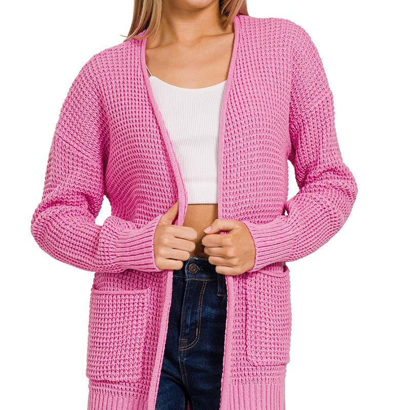 Waffle Open Cardigan Candy Pink / Small Candy Pink Small Cardigan Zenana- Tilden Co.