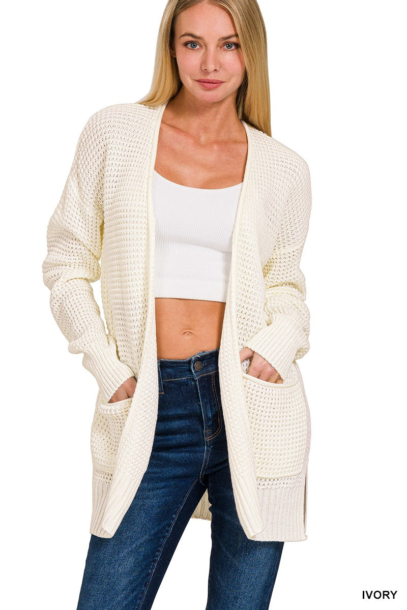 Waffle Open Cardigan Sweater Ivory / Small Ivory Small Cardigan Zenana- Tilden Co.