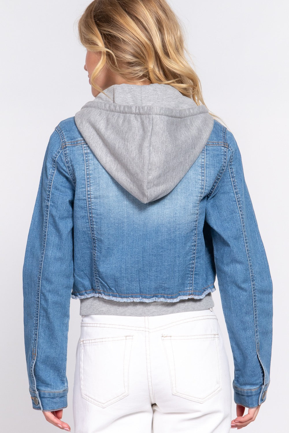 Contrast Terry Hoodie Denim Jacket jean jacket Active Basic- Tilden Co.