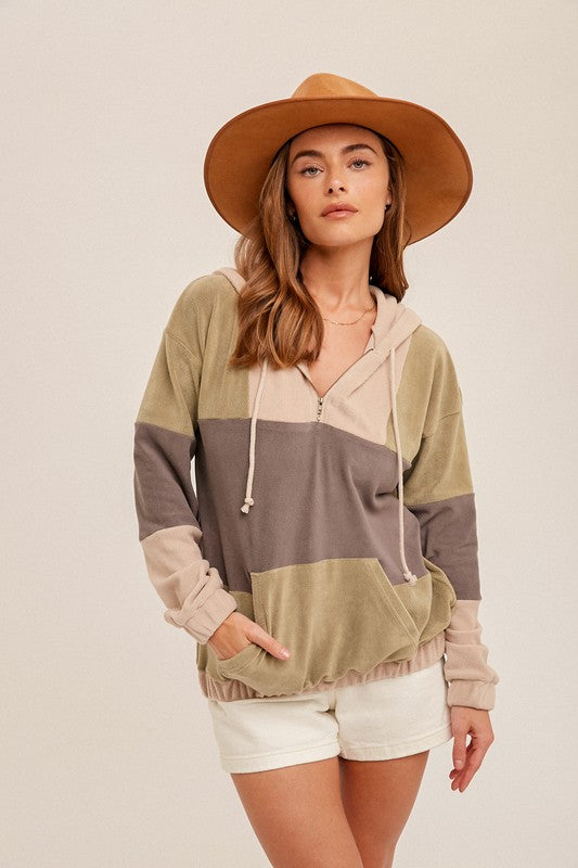 Fleece Color Block Half Zip-Up Hoodie    Shirts & Tops Hem & Thread- Tilden Co.