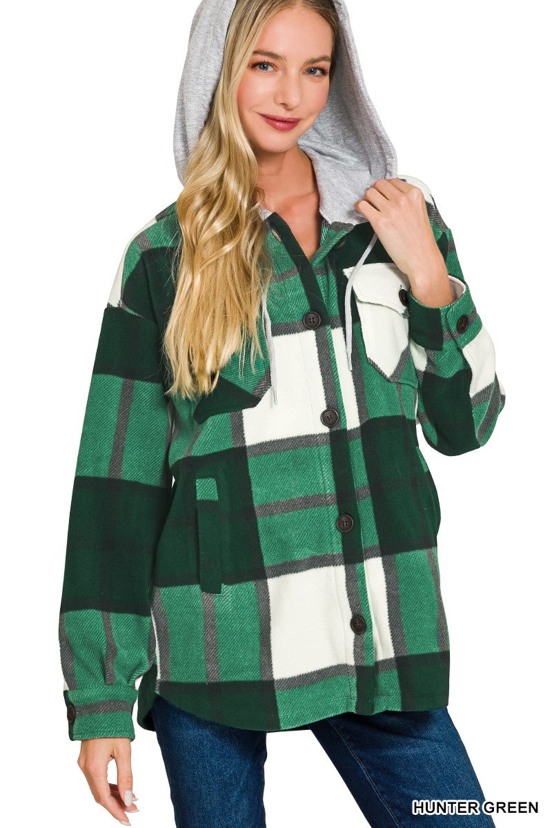 Hooded Fleece Shacket Hunter Green / Small Hunter Green Small Shacket Zenana- Tilden Co.
