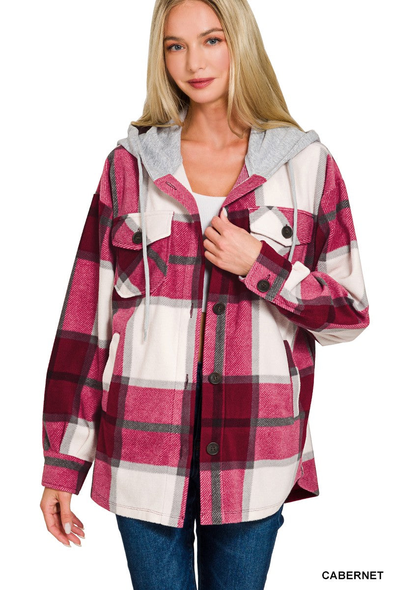 Hooded Fleece Shacket Cabernet / Small Cabernet Small Shacket Zenana- Tilden Co.