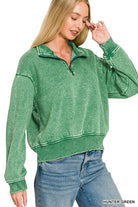 Acid Wash Half-Zip Pullover Hunter Green / Small Hunter Green Small Sweater Zenana- Tilden Co.