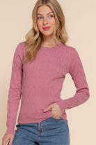 Long Sleeve Round Neck Cable Sweater Shirts & Tops Active Basic- Tilden Co.