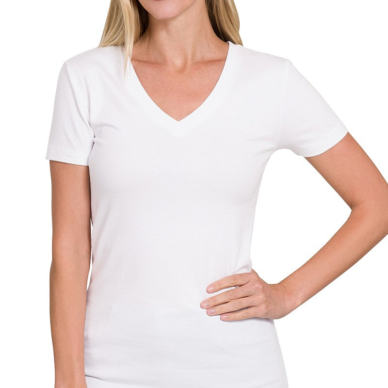 Basic Cotton V-Neck Tee White / Small White Small Shirts & Tops Zenana- Tilden Co.