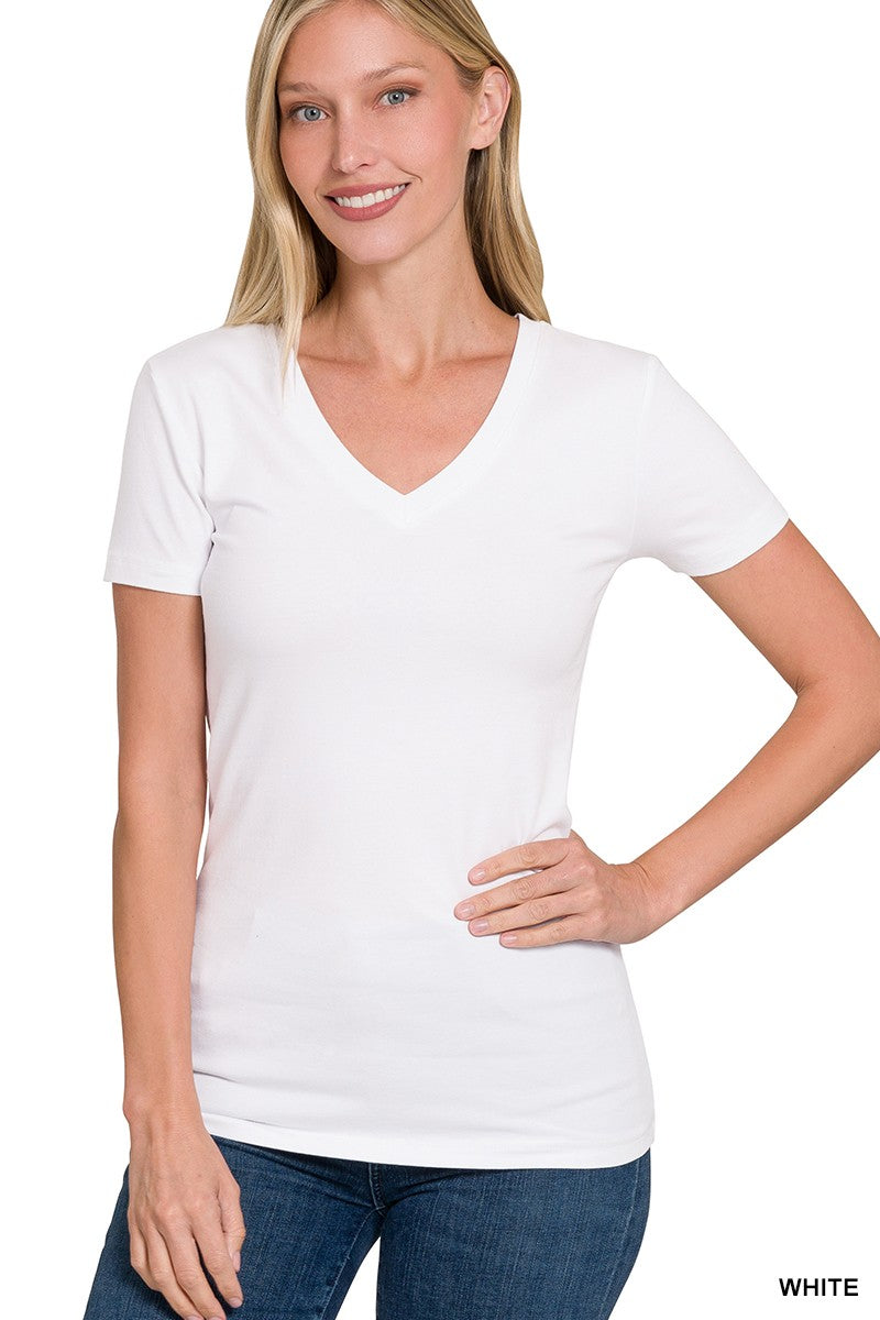 Basic Cotton V-Neck Tee White / Small White Small Shirts & Tops Zenana- Tilden Co.