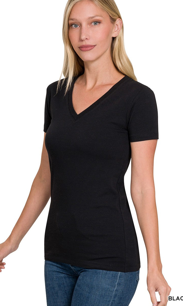 Basic Cotton V-Neck Tee Black / Small Black Small Shirts & Tops Zenana- Tilden Co.