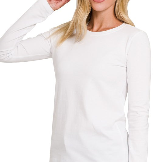 Cotton Crew Neck Long Sleeve T-Shirt White / Small White Small Shirts & Tops Zenana- Tilden Co.