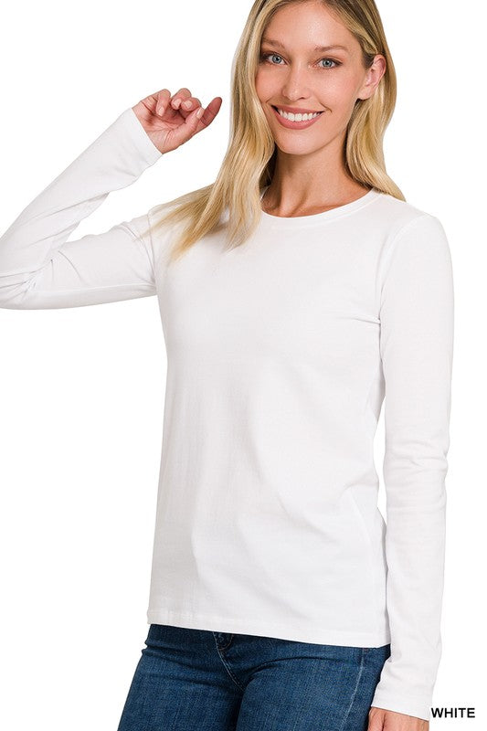 Cotton Crew Neck Long Sleeve T-Shirt White / Small White Small Shirts & Tops Zenana- Tilden Co.