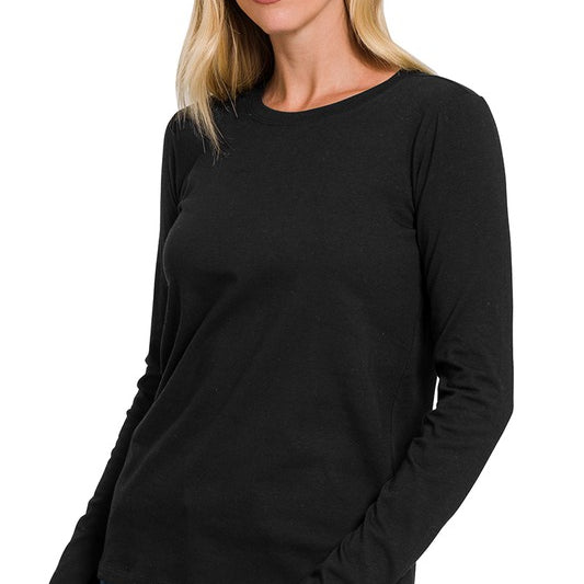 Cotton Crew Neck Long Sleeve T-Shirt Black / Small Black Small Shirts & Tops Zenana- Tilden Co.