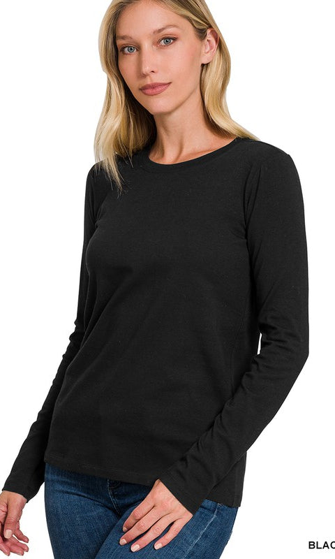 Cotton Crew Neck Long Sleeve T-Shirt Black / Small Black Small Shirts & Tops Zenana- Tilden Co.