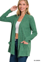 Heather Ribbed Sweater Open Front Cardigan Dk Green / Small Dk Green Small Long Sleeve Shirts and Tops Zenana- Tilden Co.