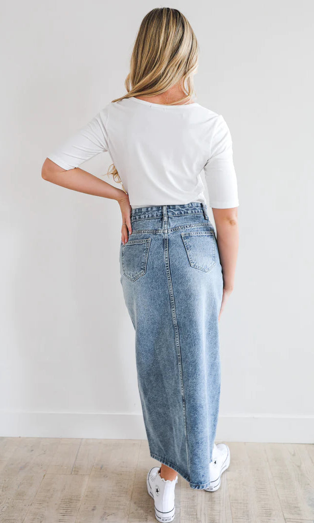 Maxi Denim Skirt in Medium Wash    Skirt Mikarose- Tilden Co.
