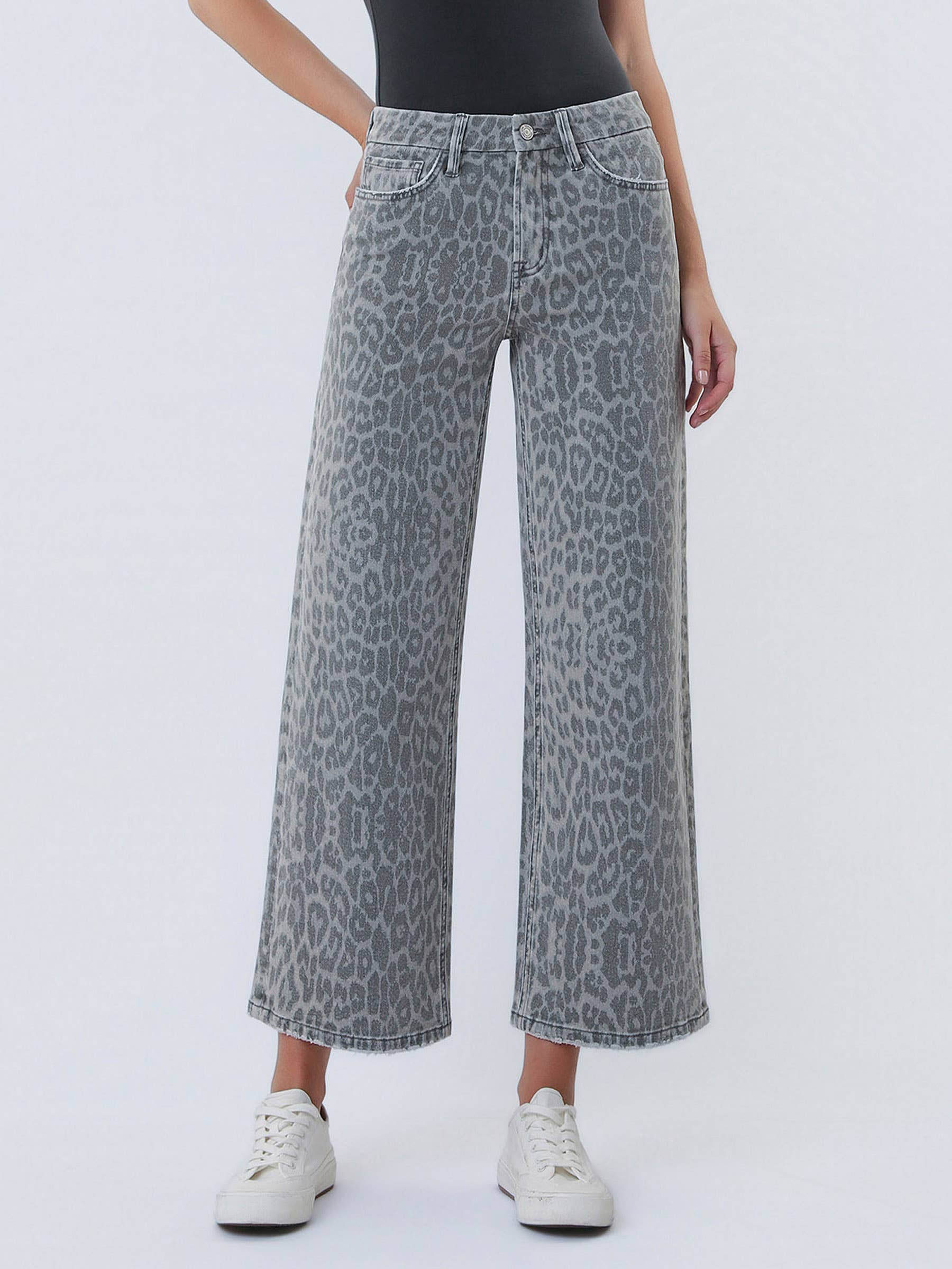 HIGH RISE GREY LEOPARD PRINT CROP WIDE LEG JEANS T7331GLP GREY LEOPARD / 31 GREY LEOPARD 31 VERVET by FLYING MONKEY- Tilden Co.