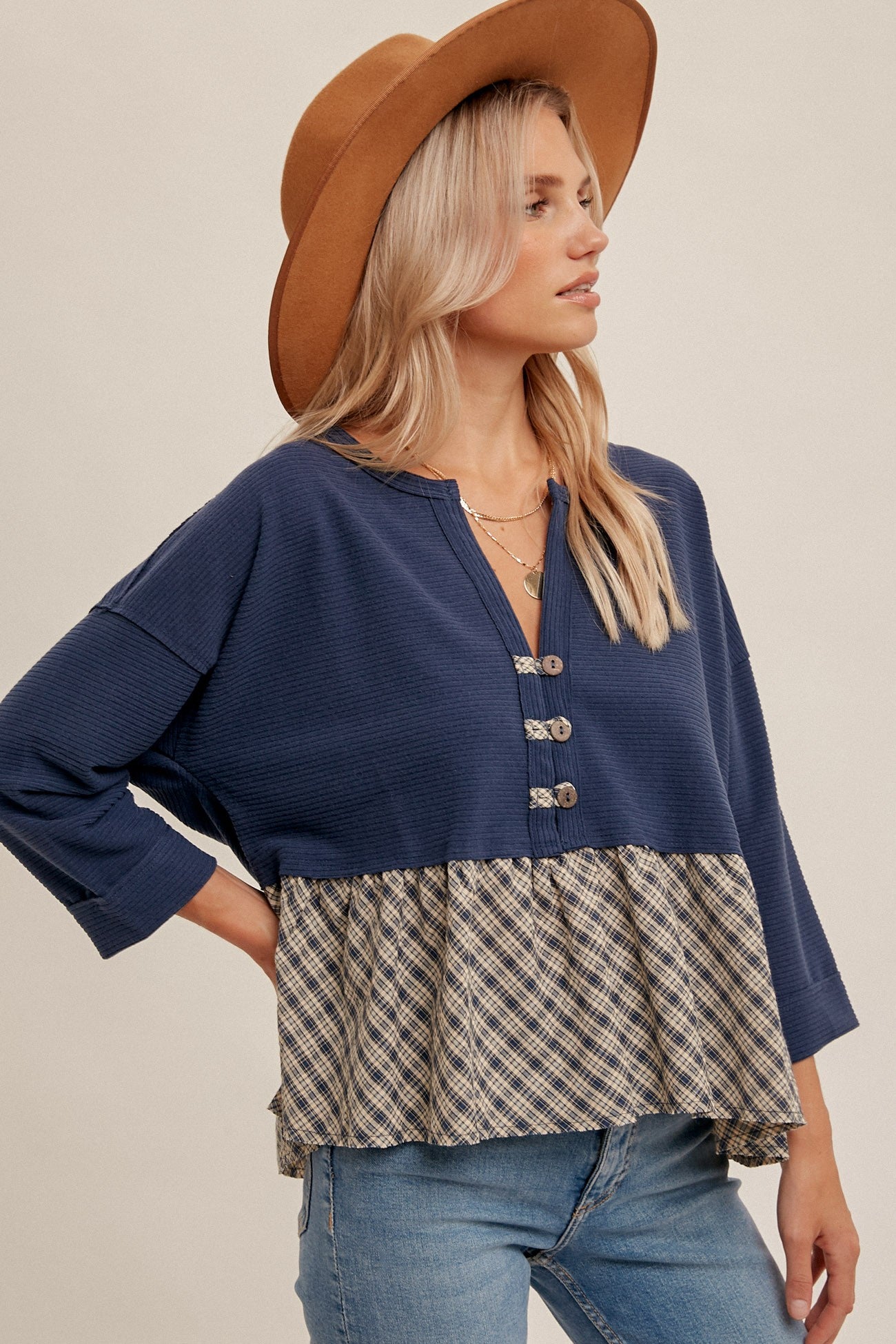 Oversized Plaid Peplum Top    Long Sleeve Shirts and Tops Hem and Thread- Tilden Co.